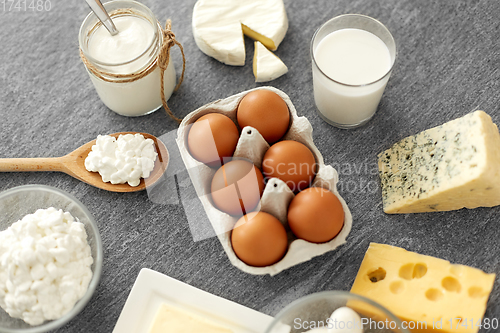 Image of milk, yogurt, eggs, cottage cheese and butter