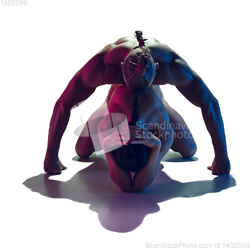 Image of Sensual fit couple isolated on white studio background in neon light