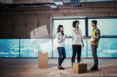 Image of business people in group, architect and engineer on construction