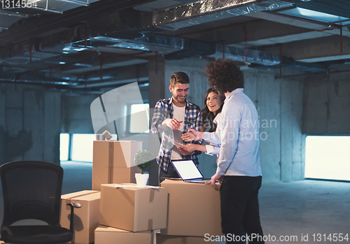 Image of business people in group, architect and engineer on construction