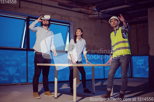 Image of business people in group, architect and engineer on construction