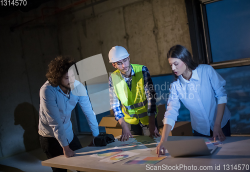 Image of business people in group, architect and engineer on construction