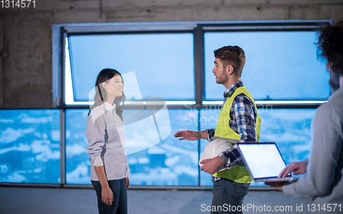 Image of business people in group, architect and engineer on construction