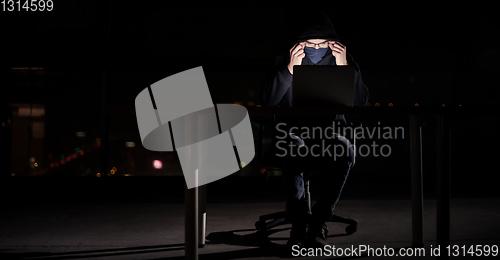 Image of hacker using laptop computer while working in dark office