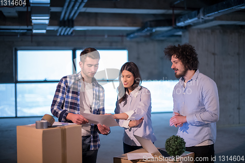 Image of business people in group, architect and engineer on construction