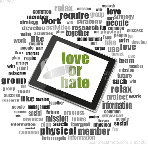 Image of love or hate Text. Social concept . Tablet Pc. Word cloud collage