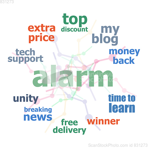 Image of Text Alarm. Security concept . Word cloud collage. Background with lines and circles