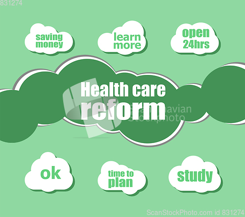 Image of health care reform words. Health concept . word lettering typography with line icons and tag cloud on green background. Creative idea concept