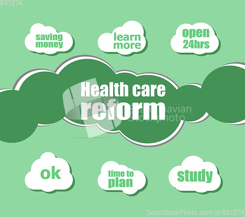 Image of health care reform words. Health concept . word lettering typography with line icons and tag cloud on green background. Creative idea concept