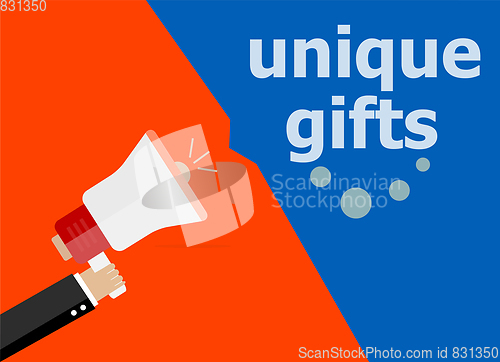 Image of Unique gifts. Hand holding megaphone and speech bubble. Flat design