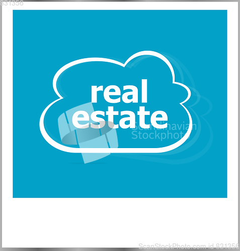 Image of real estate word business concept, photo frame isolated on white