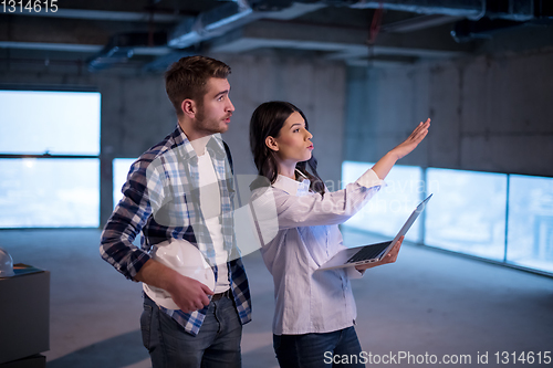 Image of business people in group, architect and engineer on construction