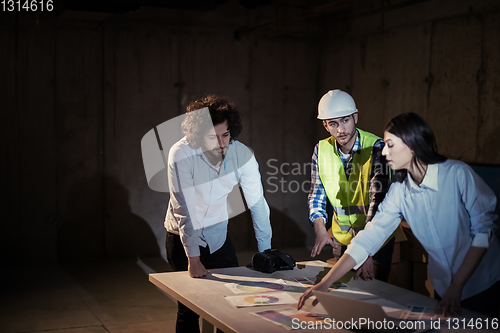 Image of business people in group, architect and engineer on construction