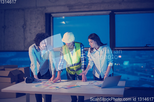 Image of business people in group, architect and engineer on construction