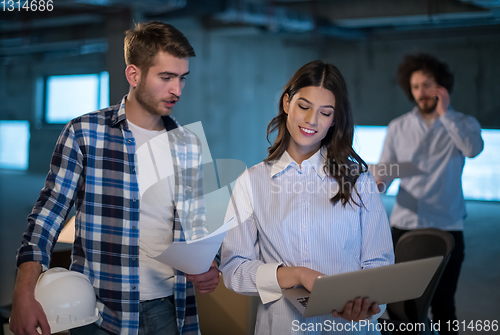 Image of business people in group, architect and engineer on construction