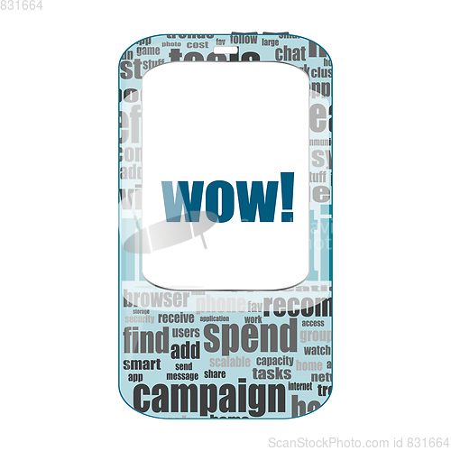 Image of wow text, global communication concept . Detailed modern smartphone isolated on white