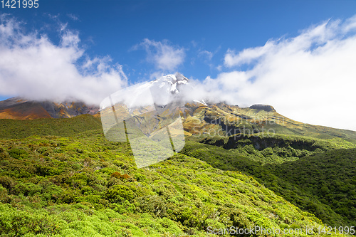 Image of volcano Taranaki covered in clouds, New Zealand 