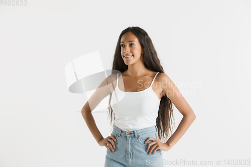 Image of Portrait of beautiful woman isolated on white studio background