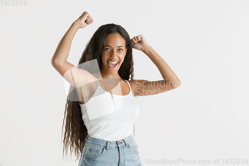 Image of Portrait of beautiful woman isolated on white studio background