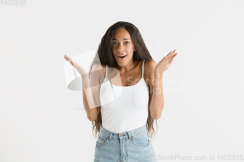 Image of Portrait of beautiful woman isolated on white studio background