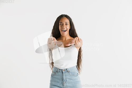 Image of Portrait of beautiful woman isolated on white studio background