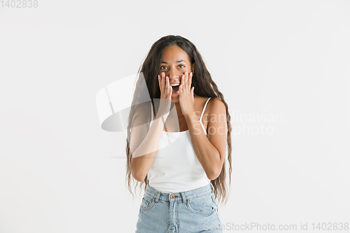 Image of Portrait of beautiful woman isolated on white studio background