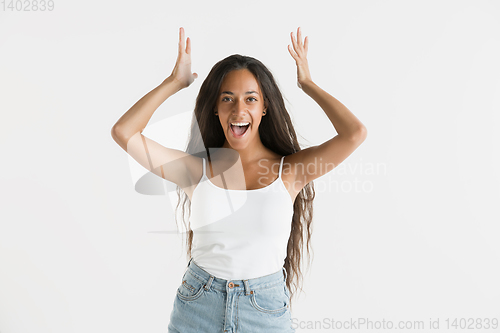 Image of Portrait of beautiful woman isolated on white studio background