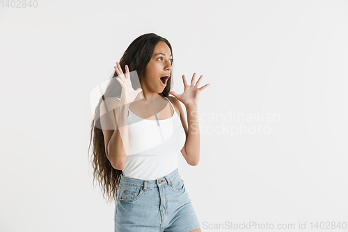 Image of Portrait of beautiful woman isolated on white studio background