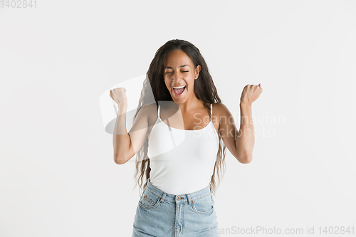 Image of Portrait of beautiful woman isolated on white studio background