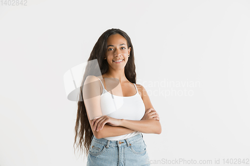 Image of Portrait of beautiful woman isolated on white studio background