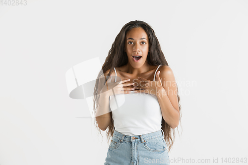 Image of Portrait of beautiful woman isolated on white studio background