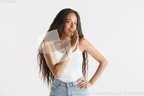 Image of Portrait of beautiful woman isolated on white studio background