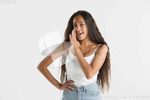 Image of Portrait of beautiful woman isolated on white studio background