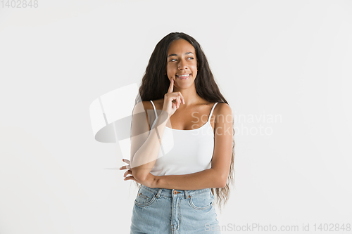 Image of Portrait of beautiful woman isolated on white studio background