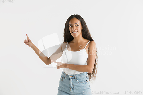 Image of Portrait of beautiful woman isolated on white studio background