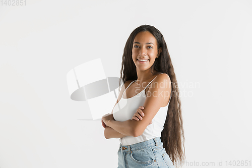 Image of Portrait of beautiful woman isolated on white studio background