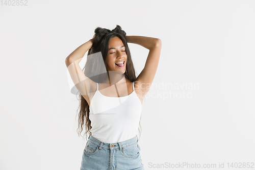 Image of Portrait of beautiful woman isolated on white studio background