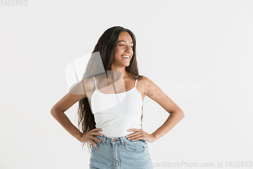 Image of Portrait of beautiful woman isolated on white studio background