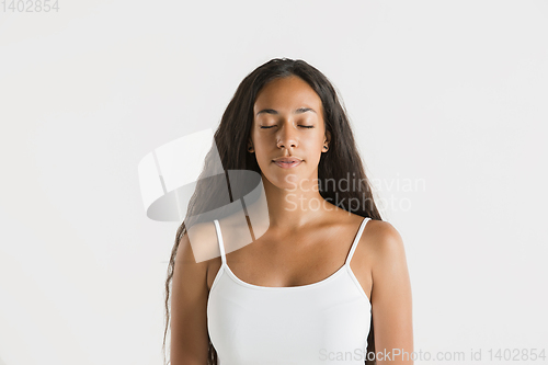 Image of Portrait of beautiful woman isolated on white studio background