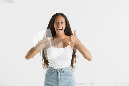 Image of Portrait of beautiful woman isolated on white studio background