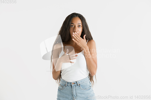 Image of Portrait of beautiful woman isolated on white studio background