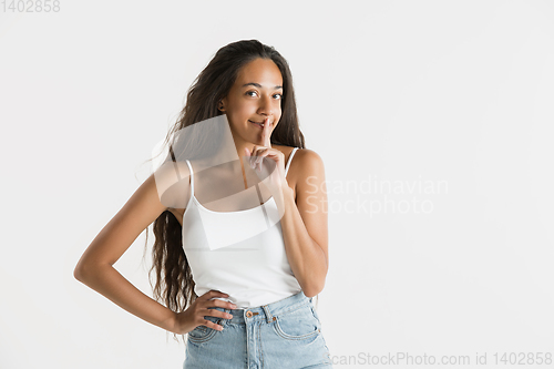 Image of Portrait of beautiful woman isolated on white studio background