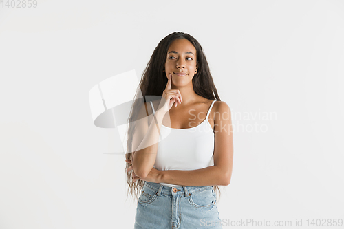 Image of Portrait of beautiful woman isolated on white studio background