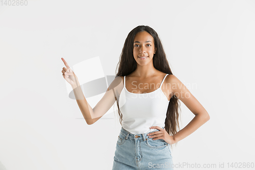 Image of Portrait of beautiful woman isolated on white studio background