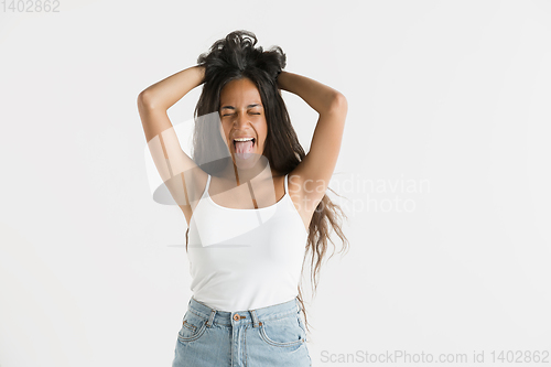 Image of Portrait of beautiful woman isolated on white studio background