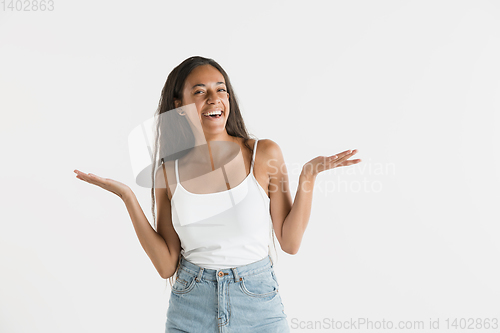 Image of Portrait of beautiful woman isolated on white studio background