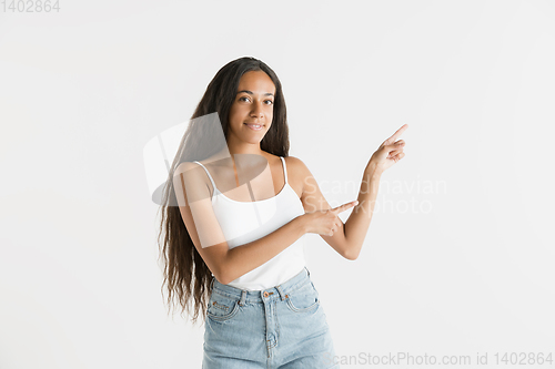 Image of Portrait of beautiful woman isolated on white studio background