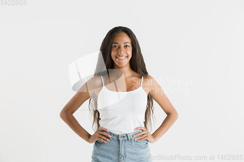 Image of Portrait of beautiful woman isolated on white studio background