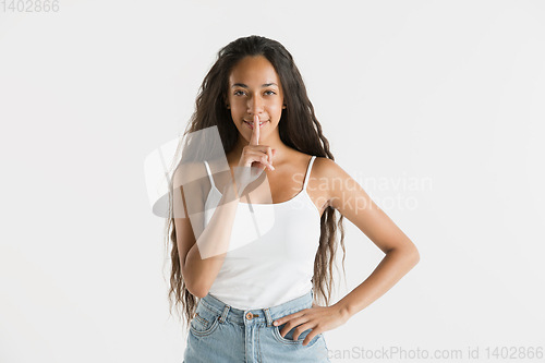 Image of Portrait of beautiful woman isolated on white studio background