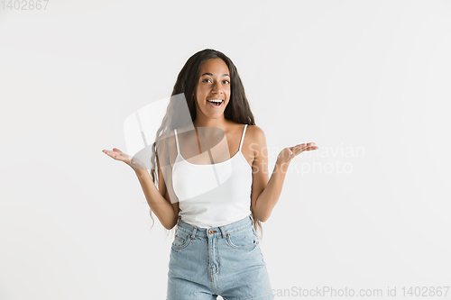 Image of Portrait of beautiful woman isolated on white studio background